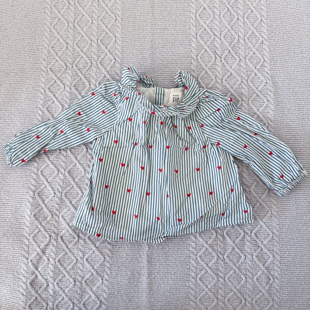 Baby GAP Long Sleeve Striped Blouse with Red Hearts & Ruffle Collar